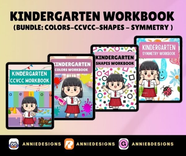 Kindergarten Workbook Bundle (Colors,CCVCC,Shapes & Symmetry) | By: Annie Bustillos @anniedesigns