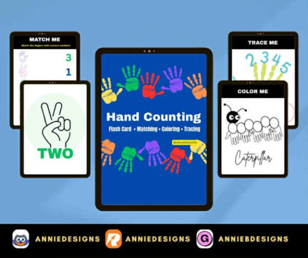 Hand Counting Flash Cards (20pages printables) | By: Annie Bustillos @anniedesigns