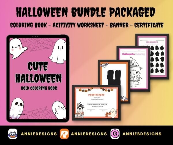 Halloween Bundle Package (Coloring Book-Worksheet Activities-Banner-Certificate) | By: Annie Bustillos @anniedesigns