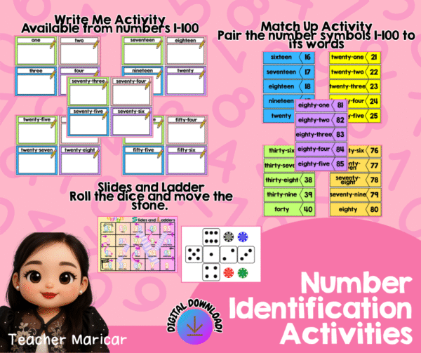 NUMBER IDENTIFICATION ACTIVITIES (Match Me, Write Up, and Slides and Ladders)