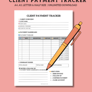 Digital Client Payment Tracker PDF with 3 layout styles for iPad, Goodnotes, reMarkable, and other digital planners, showing payment logs, dashboards, and client details.