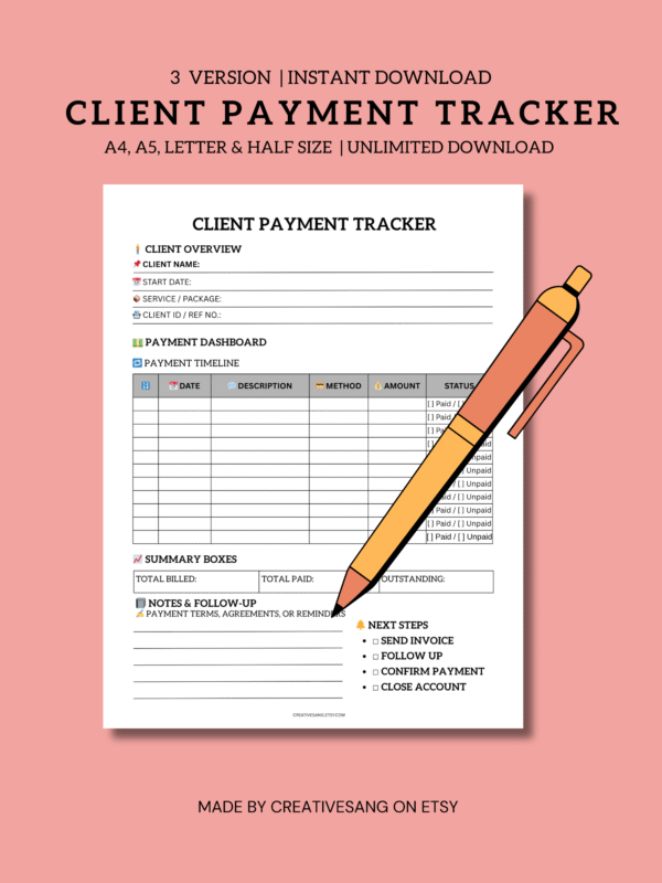 Digital Client Payment Tracker PDF with 3 layout styles for iPad, Goodnotes, reMarkable, and other digital planners, showing payment logs, dashboards, and client details.
