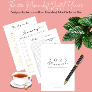 A 2025 minimalist digital planner featuring clean black-and-white calendar layouts, daily and weekly pages, and customizable sections, displayed on a tablet and printed sheets in A4, A5, and Letter sizes.