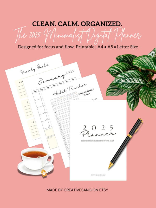 A 2025 minimalist digital planner featuring clean black-and-white calendar layouts, daily and weekly pages, and customizable sections, displayed on a tablet and printed sheets in A4, A5, and Letter sizes.