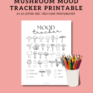 Cute printable mushroom mood tracker with 30-day layout in plain and dotted versions for journaling, self-care, or mental health tracking.