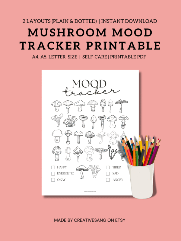 Cute printable mushroom mood tracker with 30-day layout in plain and dotted versions for journaling, self-care, or mental health tracking.