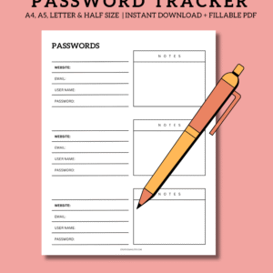 Printable password tracker sheet in A4/A5/Letter formats showing columns for website, username, password, and notes.