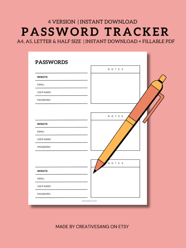 Printable password tracker sheet in A4/A5/Letter formats showing columns for website, username, password, and notes.