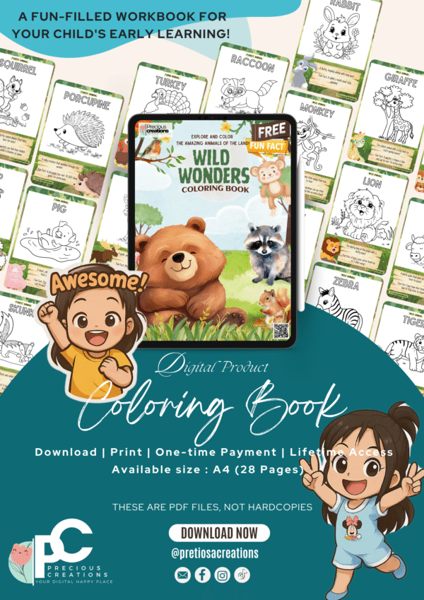 Wild Wonders (Land Animals) Coloring Book & Cool Trivia| Printable for Kids