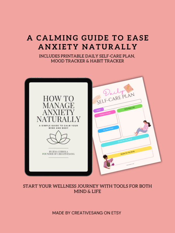 Digital wellness bundle featuring “How to Manage Anxiety Naturally” eBook and 2025 Self-Care Planner with habit & mood trackers (PDF format).