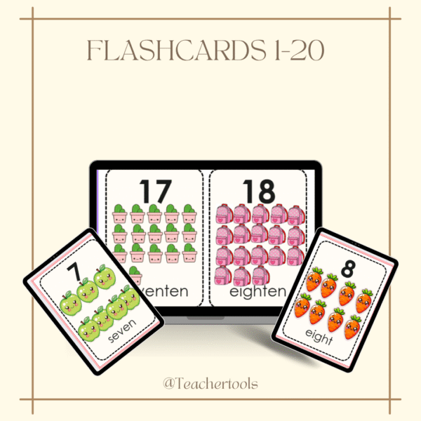 Digital Number Flashcards 1–20 – Numbers & Pictures | Educational Printable for Kids