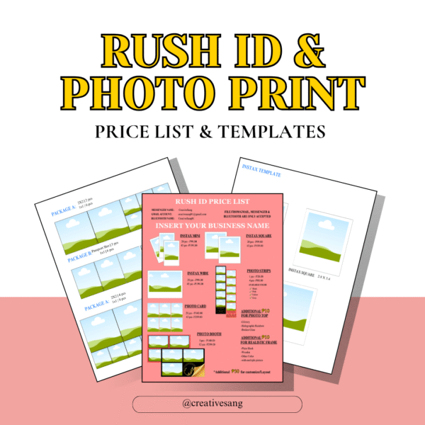 Editable Rush ID Pricelist and Template Bundle displayed on a digital workspace, featuring customizable ID card designs and a professional pricing sheet for printing services.