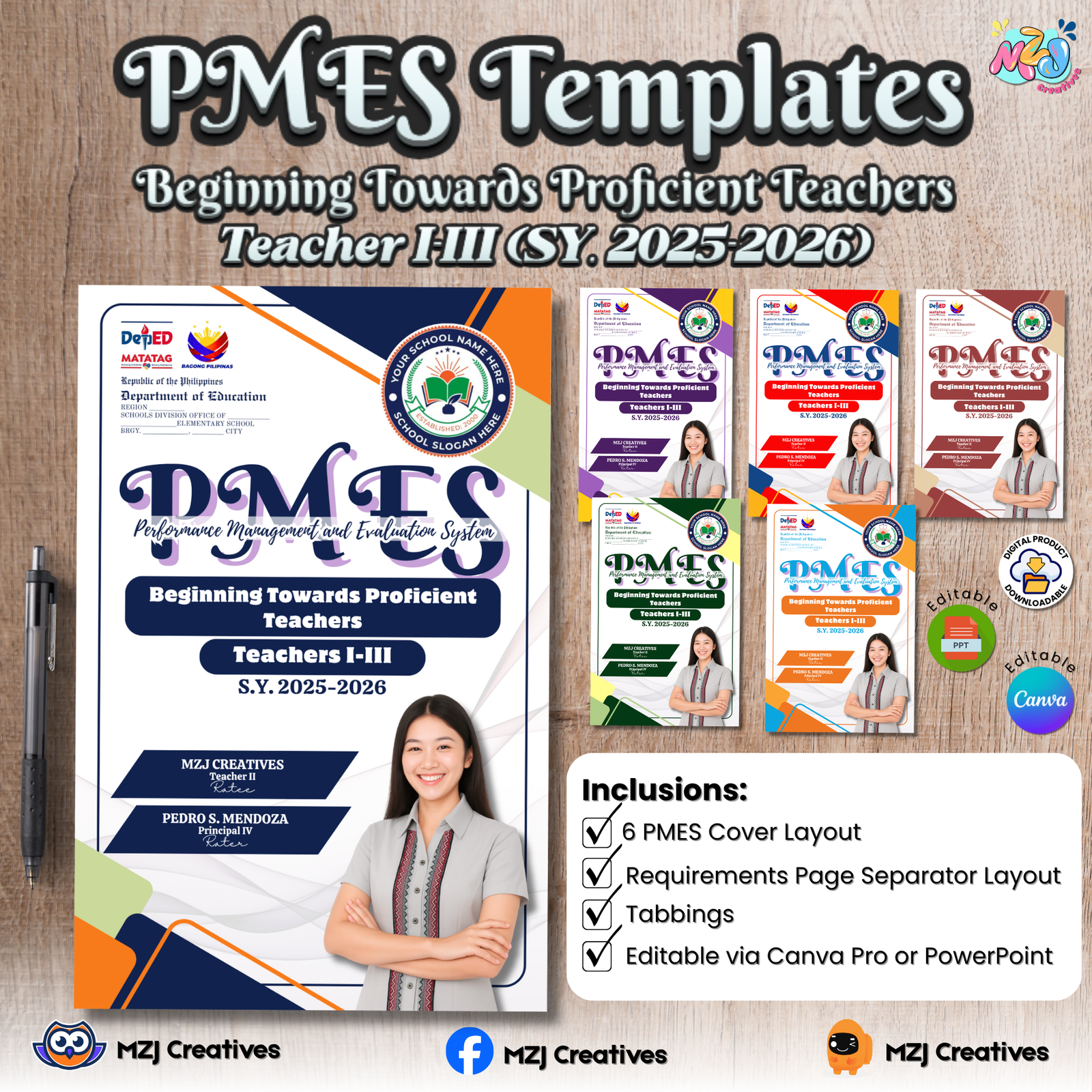 Editable PMES Portfolio Template for Beginning Towards Proficient Teachers (Teacher I–III) SY 2025–2026 | 6 Themed Designs with KRA & Objective Dividers | Digital Download - Image 2