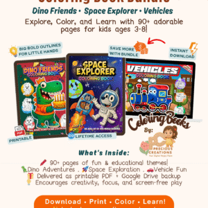 3-in-1 Coloring Book Bundle: Dinosaur • Vehicles • Space Themed