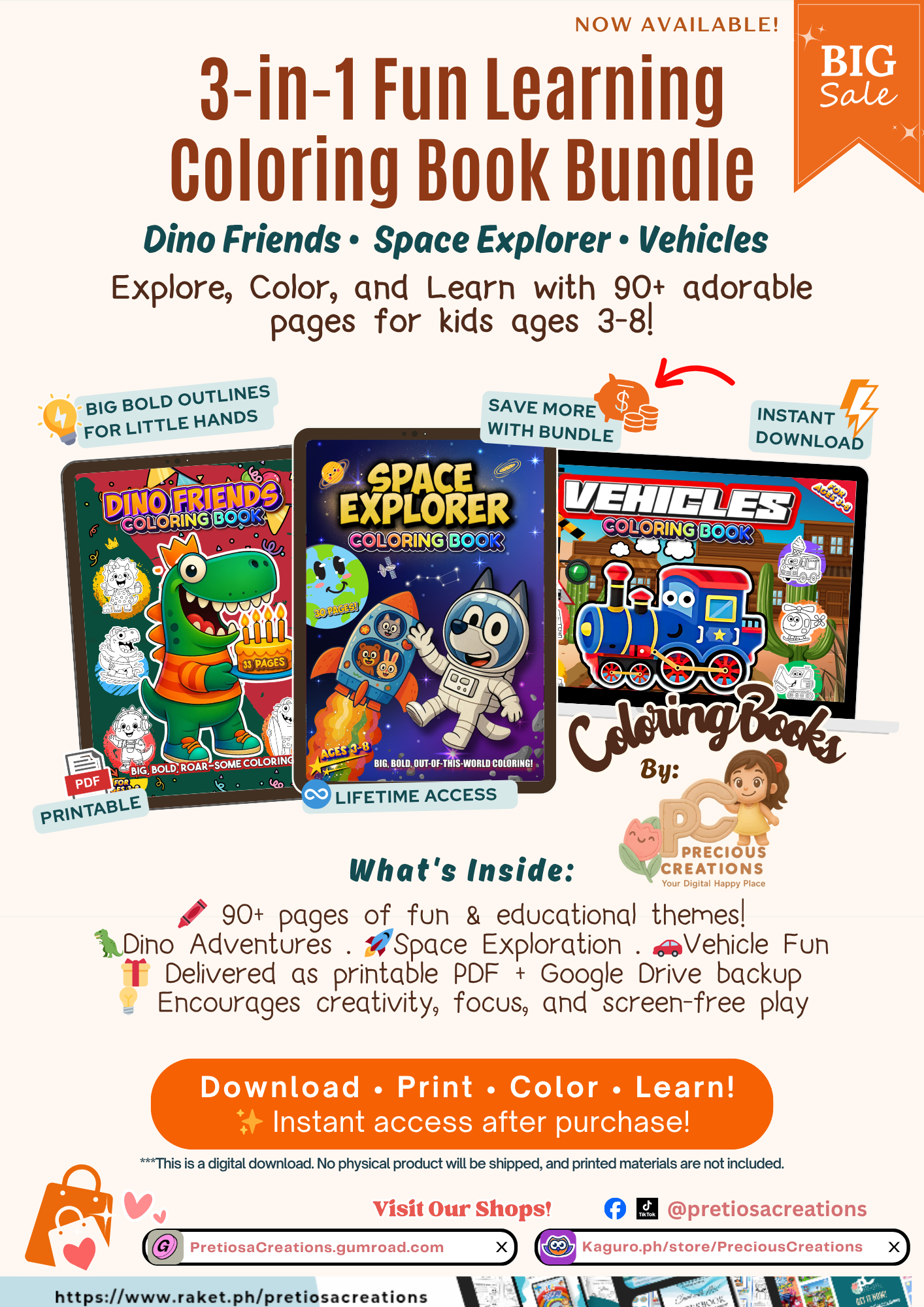 3-in-1 Coloring Book Bundle: Dinosaur β’ Vehicles β’ Space Themed