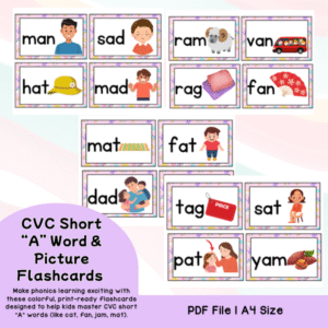 CVC Short “A” Word & Picture Flashcards – Fun Learning for Early Readers!