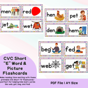 CVC Short E Word & Picture Flashcards – Fun Phonics Practice for Early Readers & SPED Learners