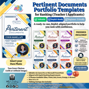 Pertinent Documents Portfolio Templates for Teacher I Ranking | Editable DepEd Portfolio | Canva & PowerPoint | With Tabs, 6 Themes & Freebies