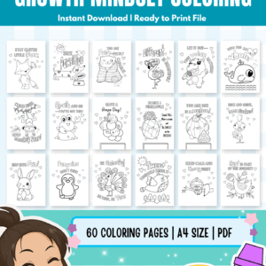 Growth Mindset Coloring Pages for Kids | 60 Pages Printable Coloring with Cute Animals & Calming Designs