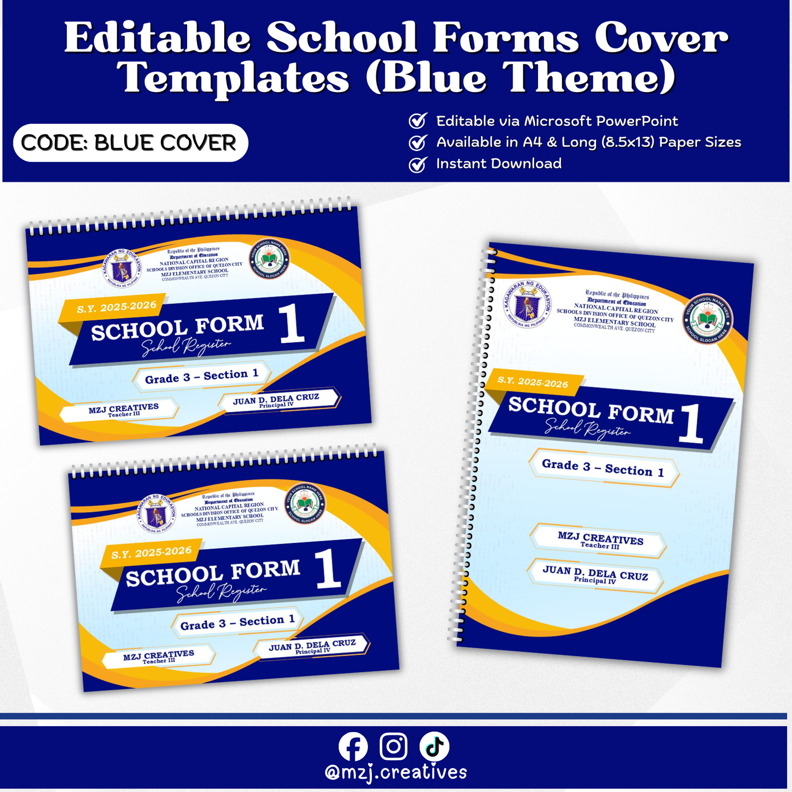 DepEd School Forms Cover Templates (Blue) – Editable PowerPoint SF1–SF10 Binder Covers | A4 & Long Sizes