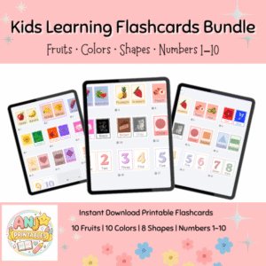 Kids Learning Flashcards Bundle: Fruits, Colors, Shapes & Numbers 1–10