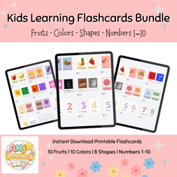 Kids Learning Flashcards Bundle: Fruits, Colors, Shapes & Numbers 1–10 ...
