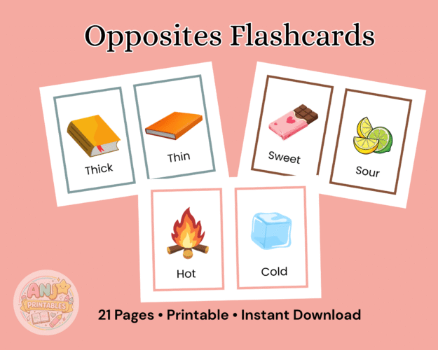 Opposites Flashcards for Kids (21 Pages)