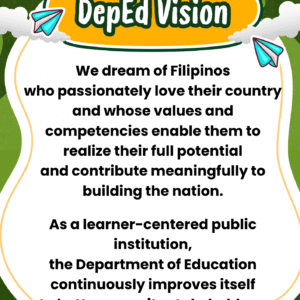 Classroom Posters - DepEd Vision, Mission, Core Values; Pambansang Awit ng Pilipinas; Panatang Makabayan; Panunumpa sa Watawat ng Pilipinas; Opening and Closing Prayers; Portraits of Deped and School Officials