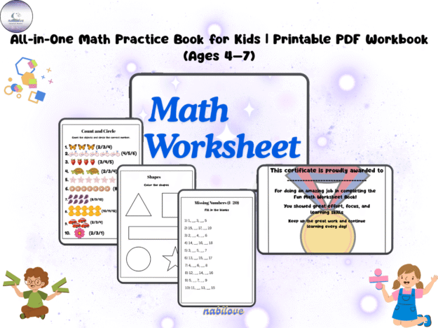 All-in-One Math Practice Book for Kids | Printable PDF Workbook (Ages 4β7)