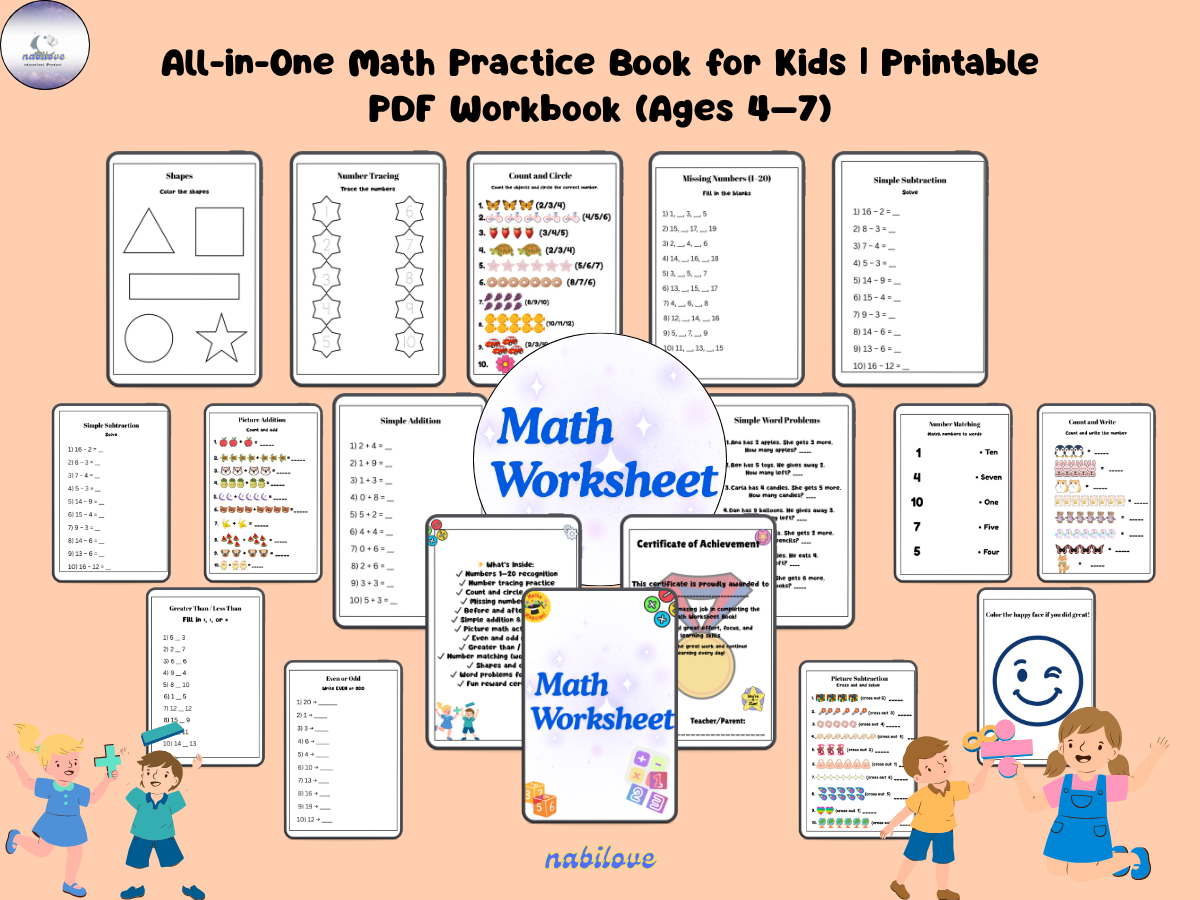 All-in-One Math Practice Book for Kids | Printable PDF Workbook (Ages 4β7) - Image 2