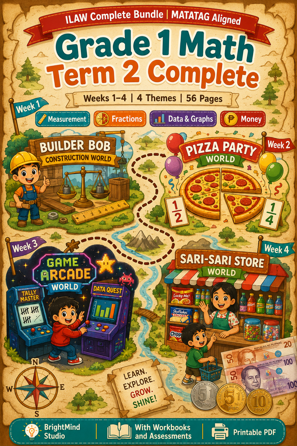 Grade 1 Math | ILAW Complete Bundle | Measurement + Fractions + Data and Graphs + Money | MATATAG Aligned | Term 2 Weeks 1–4 | Builder Bob Pizza Party Game Arcade Sari-Sari Store | With Workbooks and Assessments | Printable PDF