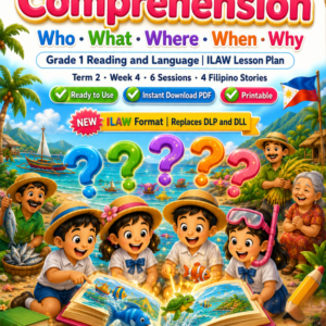 Grade 1 Reading and Language | Reading Comprehension | ILAW Lesson Plan | 4 Filipino Stories | Who What Where When Why | MATATAG Aligned | Term 2 Week 4 | Printable PDF