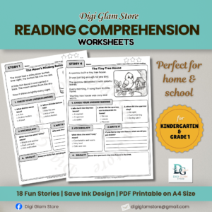 Reading Comprehension Worksheets for Kids | 18 Stories with Questions | Printable PDF | A4 Size | Save Ink Design