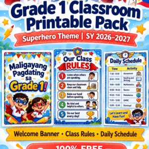 FREE Grade 1 Classroom Printable Pack | Welcome Banner, Class Rules & Daily Schedule | Superhero Theme