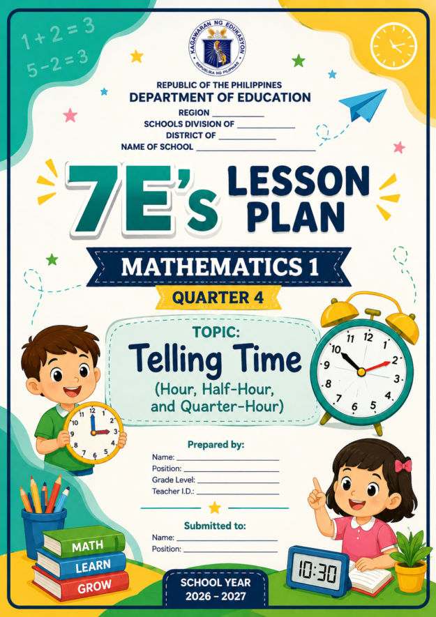7E's Lesson Plan in Mathematics 1 – Quarter 4 | MELC-Based | Telling Time (Hour, Half-Hour & Quarter-Hour) | Editable Word File