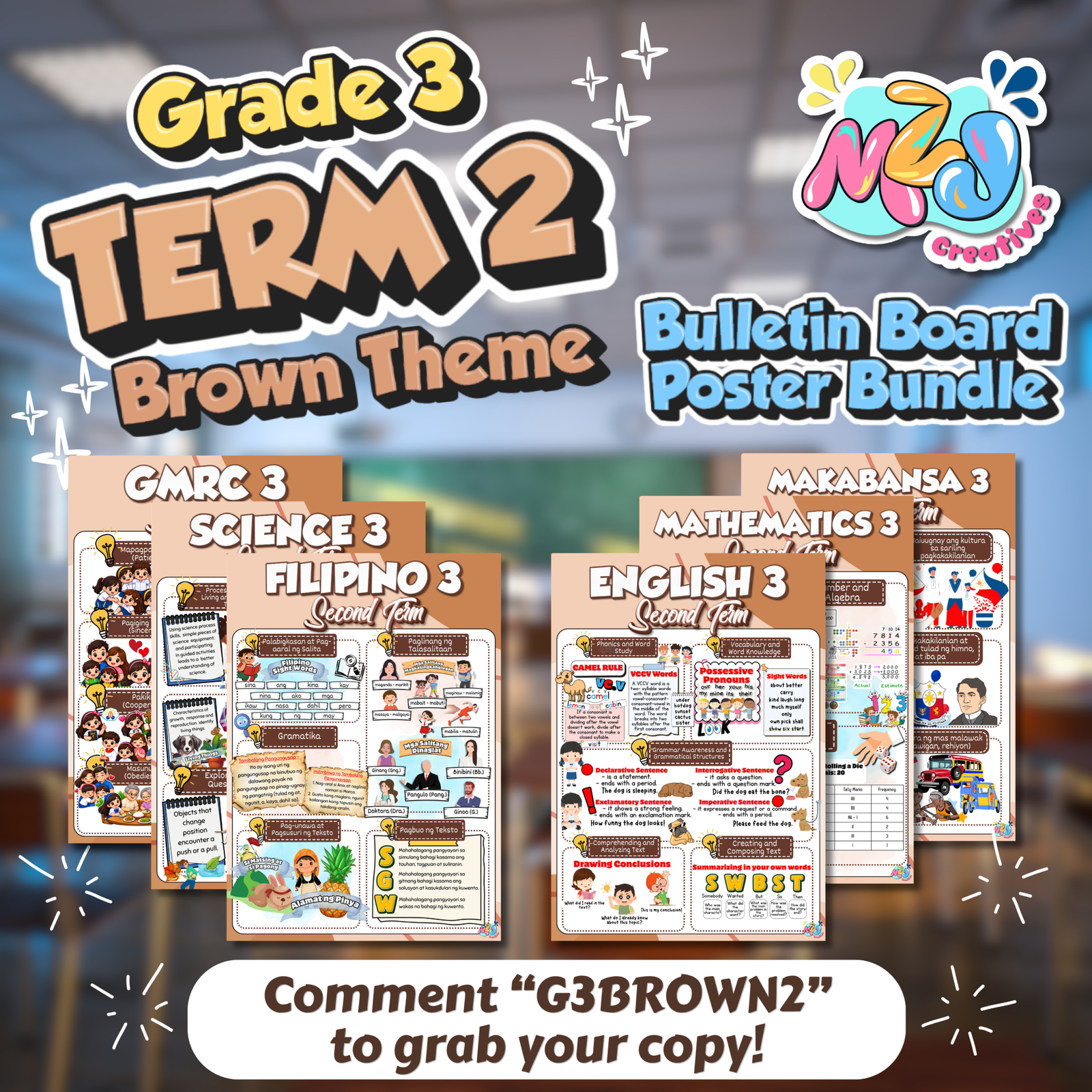 Grade 3 Second Term Bulletin Board Poster Set – Brown Theme | Updated Budget of Work Aligned | 6 Ready-to-Print Classroom Posters