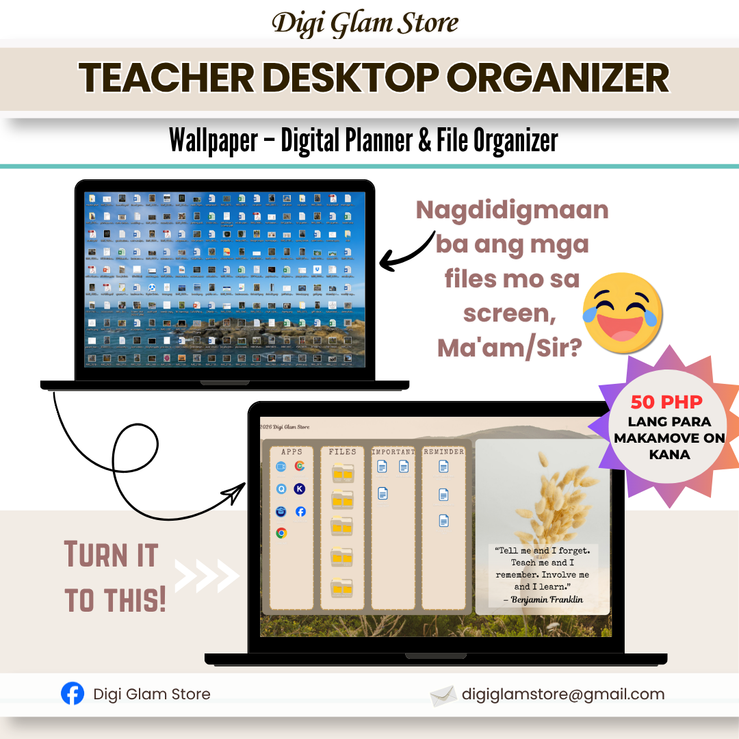 Teacher Desktop Organizer Wallpaper Bundle | Digital Teacher Planner, File Organizer & Weekly Productivity Dashboard (Brown Theme)