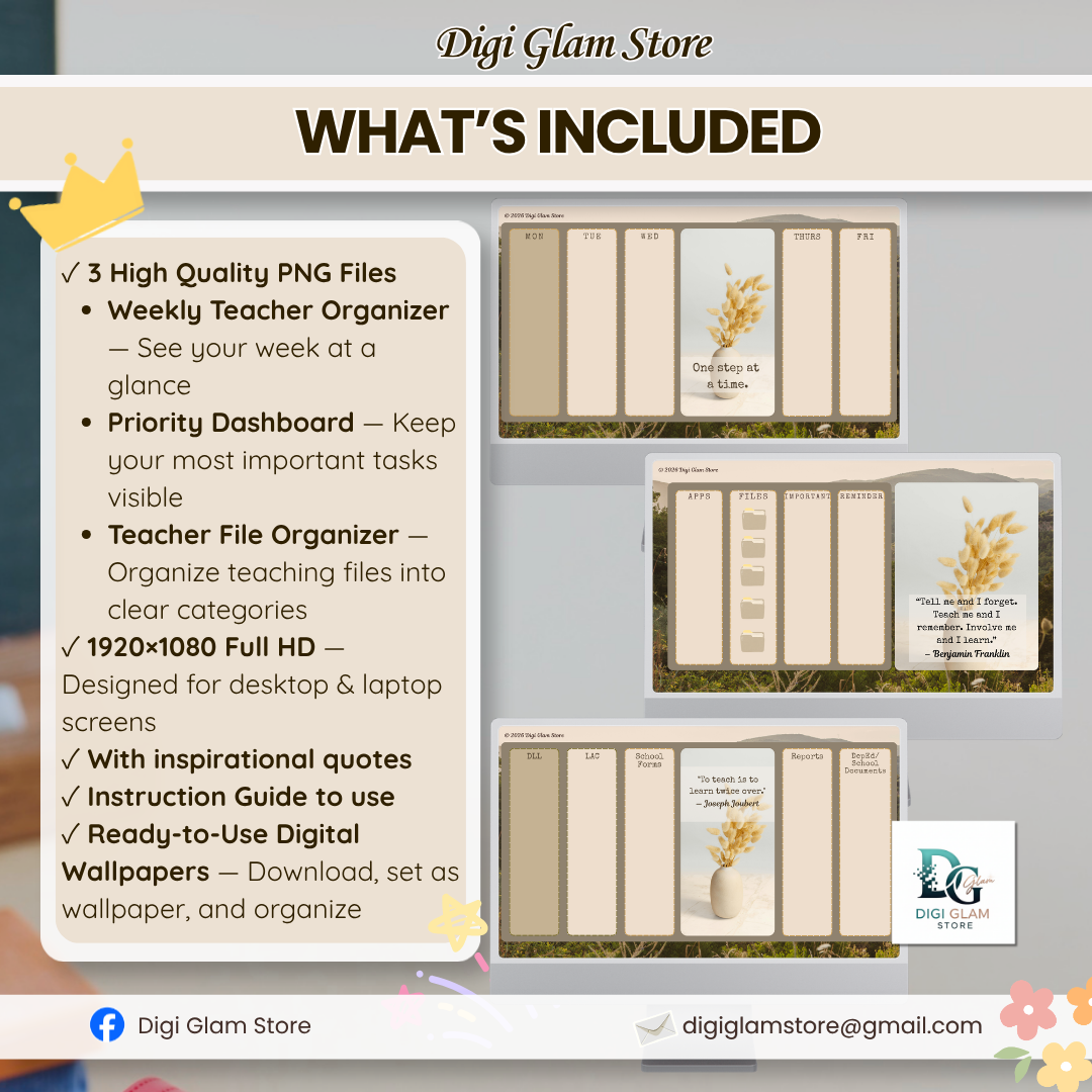 Teacher Desktop Organizer Wallpaper Bundle | Digital Teacher Planner, File Organizer & Weekly Productivity Dashboard (Brown Theme) - Image 2