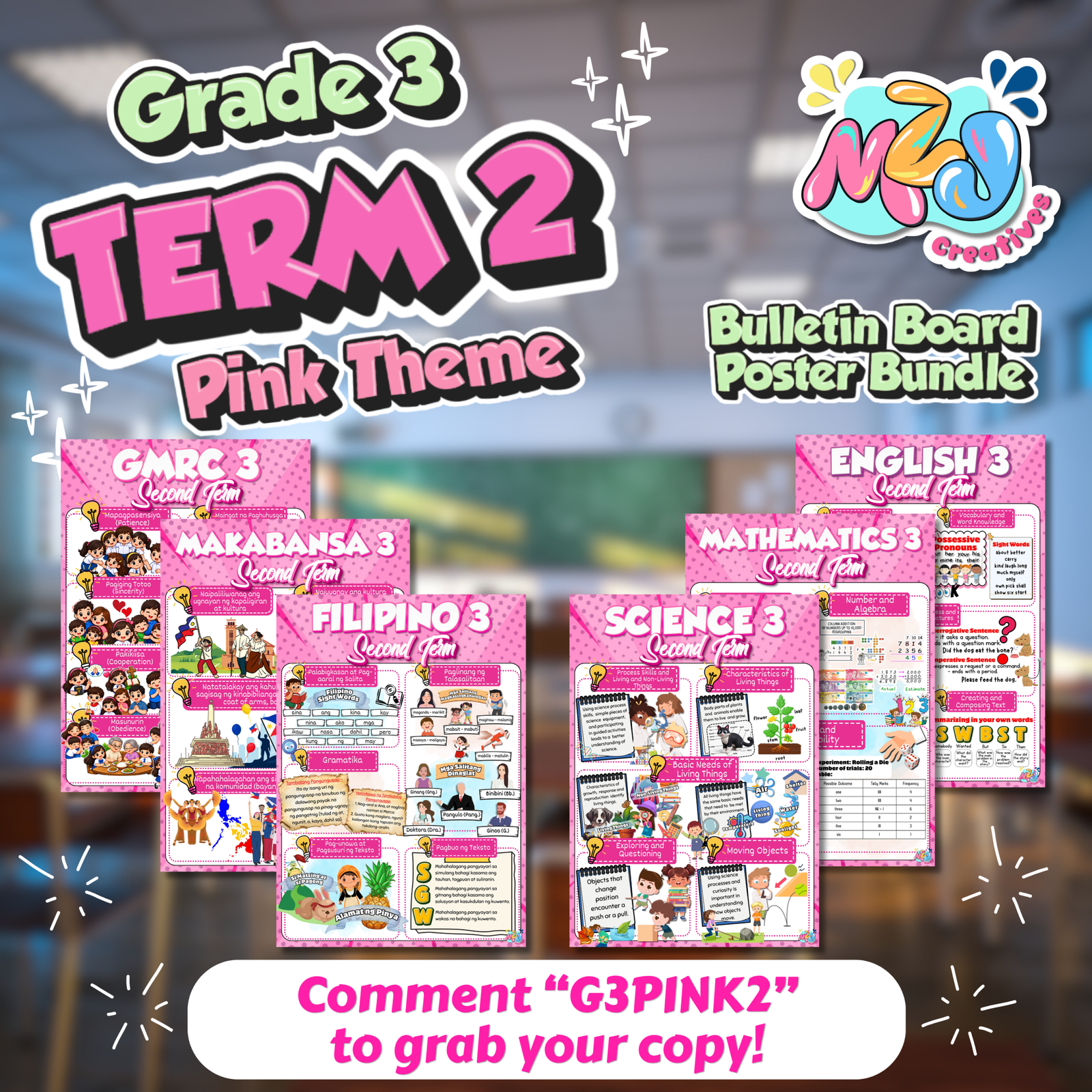 Grade 3 Second Term Bulletin Board Poster Set – Pink Theme | Updated Budget of Work Aligned | 6 Ready-to-Print Classroom Posters