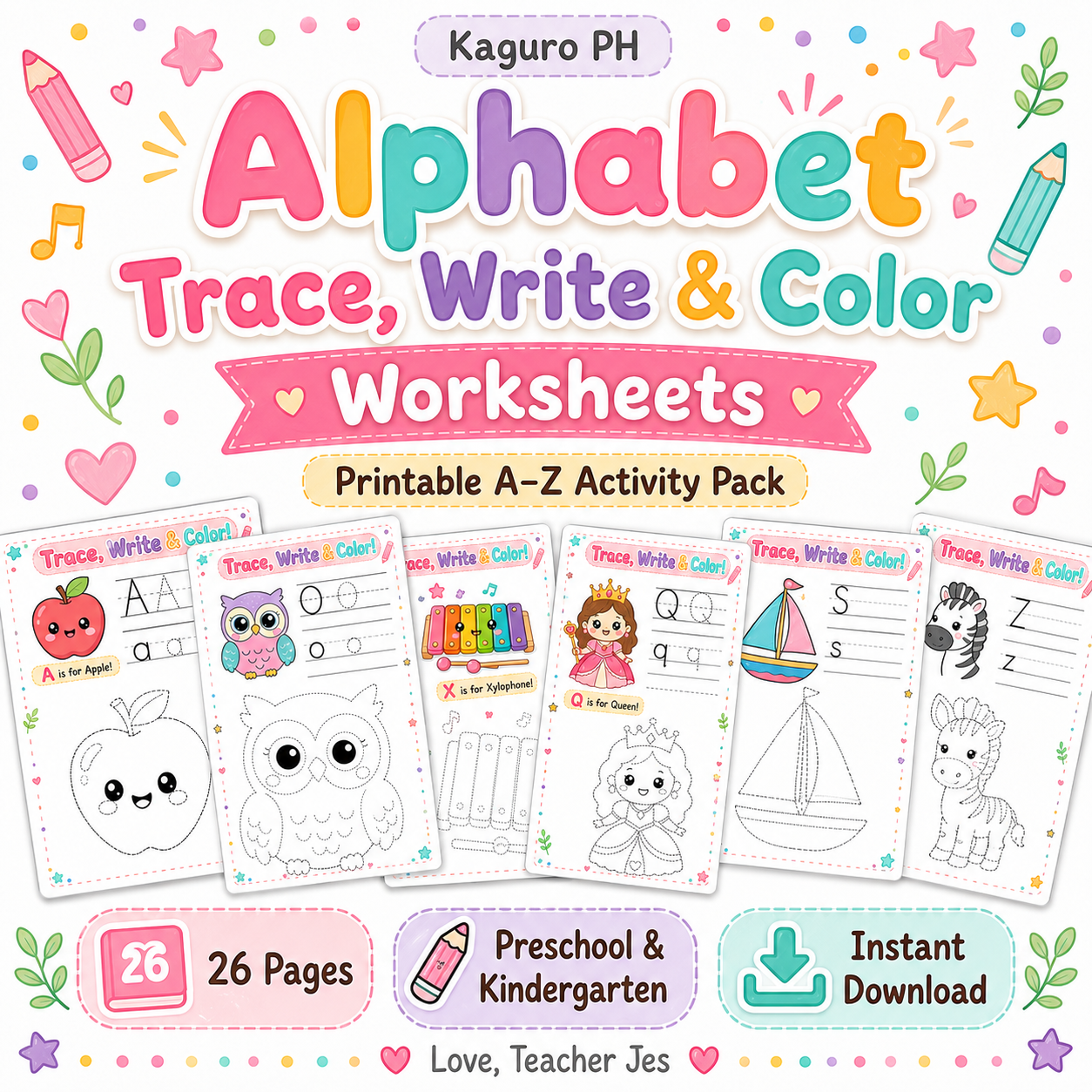 A–Z Trace, Write & Color Printable Activity Pack