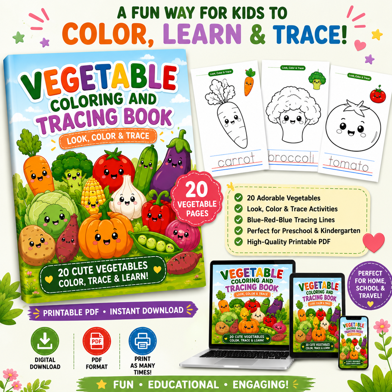 Vegetable Coloring and Tracing book