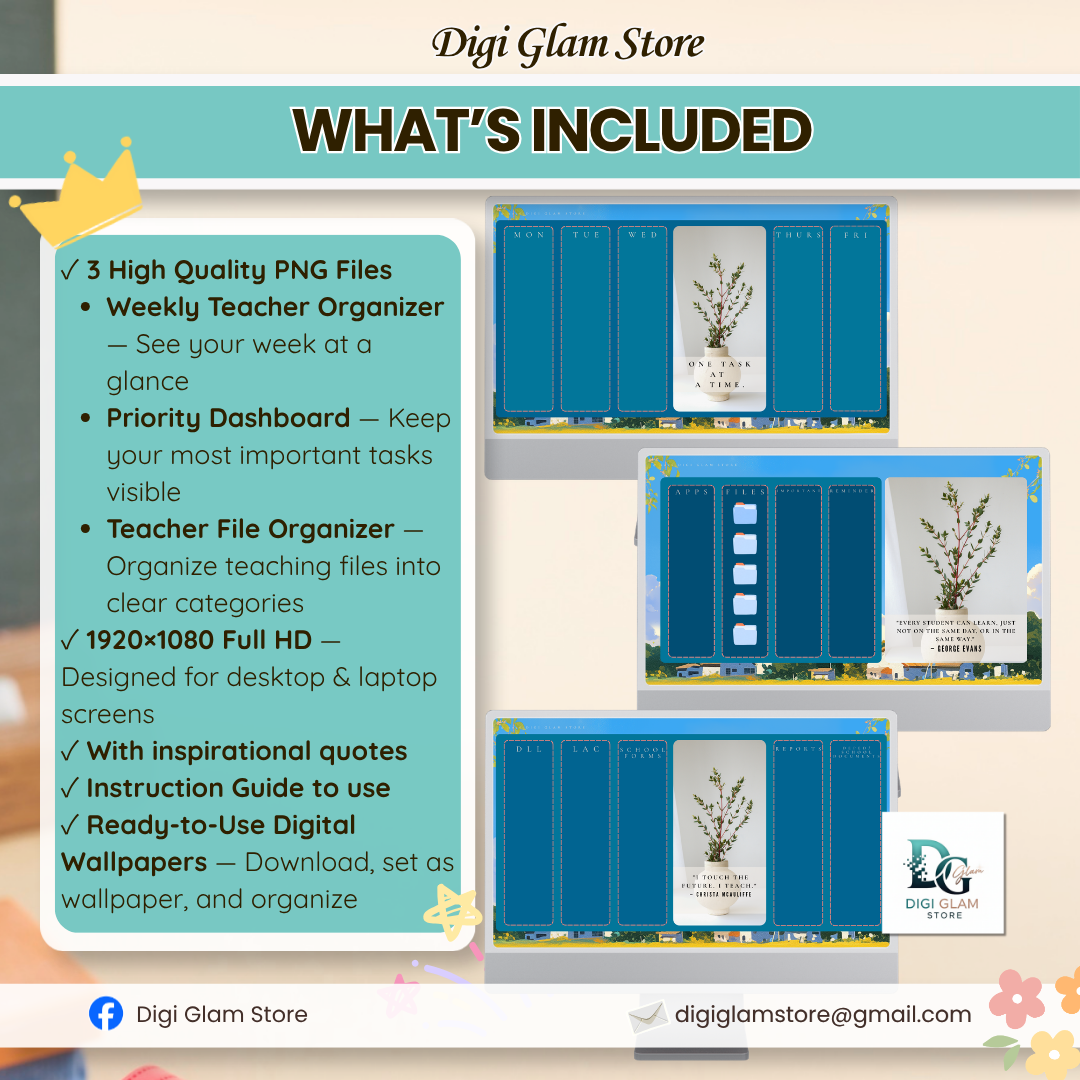 Teacher Desktop Organizer Wallpaper Bundle | Digital Teacher Planner, File Organizer & Weekly Productivity Dashboard (Blue Theme) - Image 2