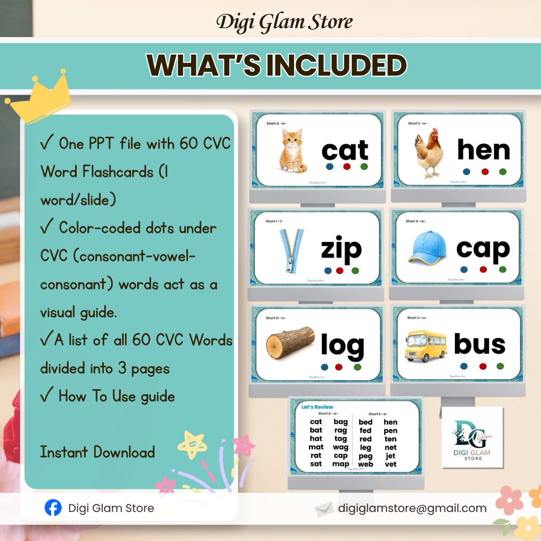 CVC Word Lists PowerPoint Flashcards | 60 Words | Auto-Play or Manual Click - Image 2