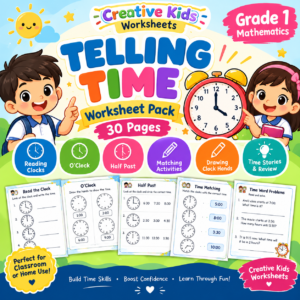 Grade 1 Telling Time Worksheet Pack – 30 Pages | Mathematics