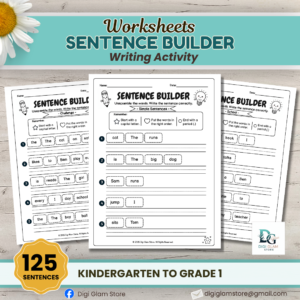 Sentence Builder Worksheets | Grade 1 | Unscramble Words & Build Sentences | 25-Page English Writing Practice