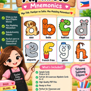 Lowercase Filipino Alphabet Mnemonics Printable | A–Z Letter Recognition & Phonics Cards
