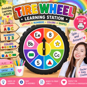 Tire Wheel Learning Station Printable | Letters, Numbers, Colors & Shapes Activity