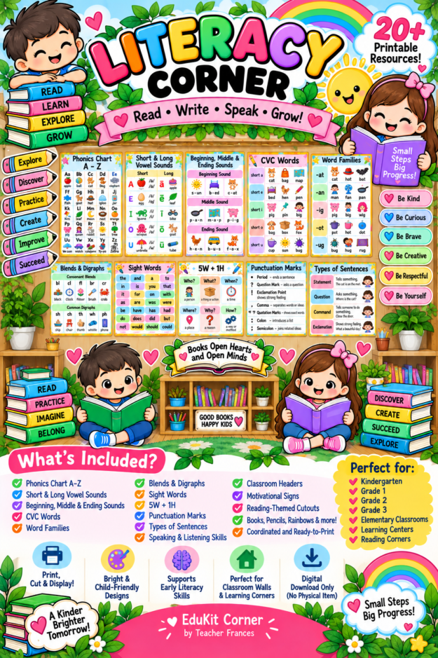 Complete Literacy Corner Classroom Set | Phonics, CVC Words, Sight Words, Reading Charts & Printable Classroom Decorations