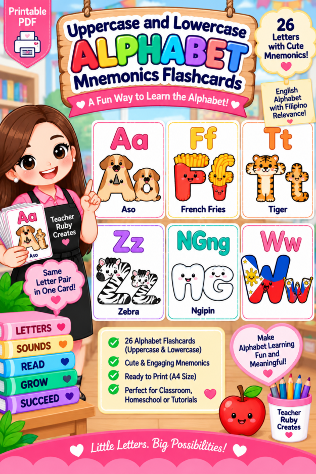 Uppercase & Lowercase Alpabeto Mnemonics Flashcards (Printable PDF)