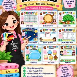 UNO Card Math Activities Bundle | 13 Printable Learning Centers for Preschool, Pre-K & Kindergarten